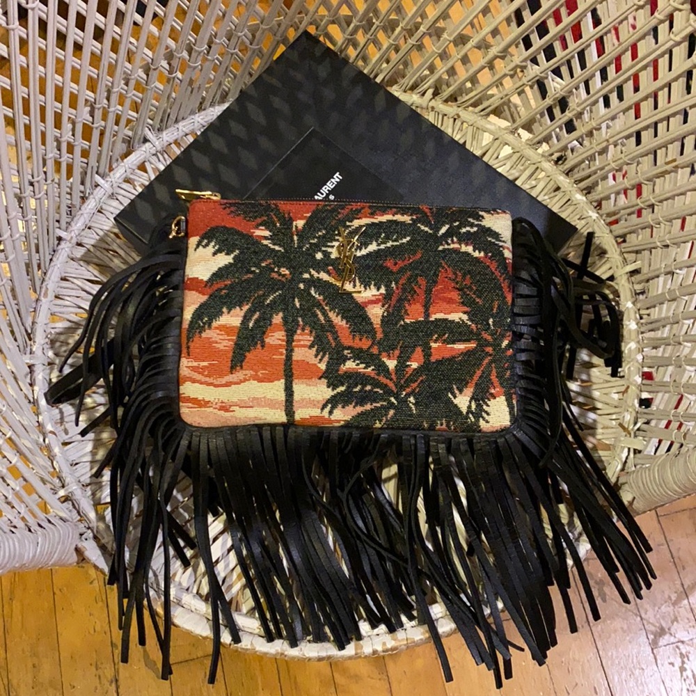 Saint Laurent
Monogram Fringe Jacquard Clutch Bag with palm trees